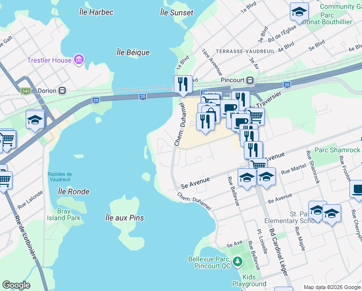 map of restaurants, bars, coffee shops, grocery stores, and more near 30 Avenue Joseph-Lafléche in Pincourt
