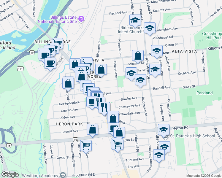 map of restaurants, bars, coffee shops, grocery stores, and more near 1272 Livingstone Avenue in Ottawa