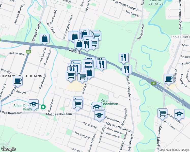 map of restaurants, bars, coffee shops, grocery stores, and more near 89 Rue Monette in Delson