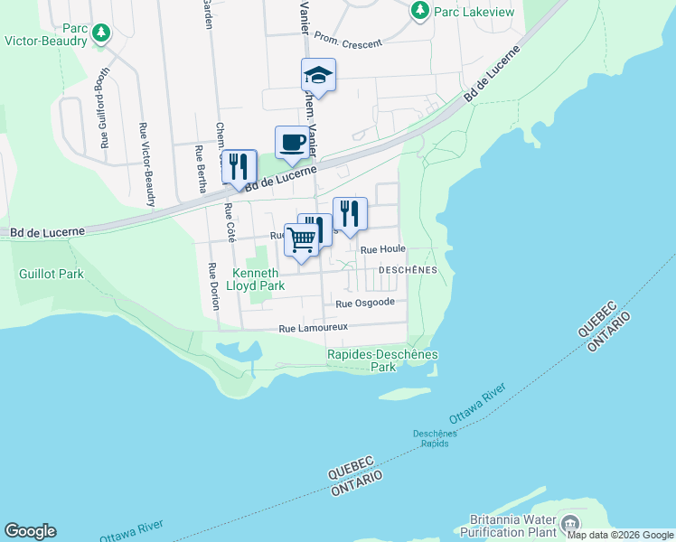 map of restaurants, bars, coffee shops, grocery stores, and more near Rue Madaire in Gatineau