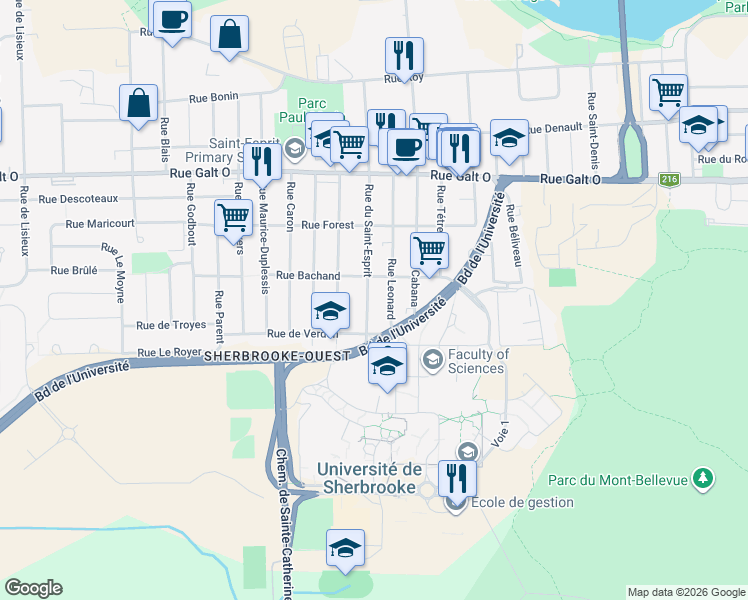 map of restaurants, bars, coffee shops, grocery stores, and more near 1532 Rue du Saint-Esprit in Sherbrooke