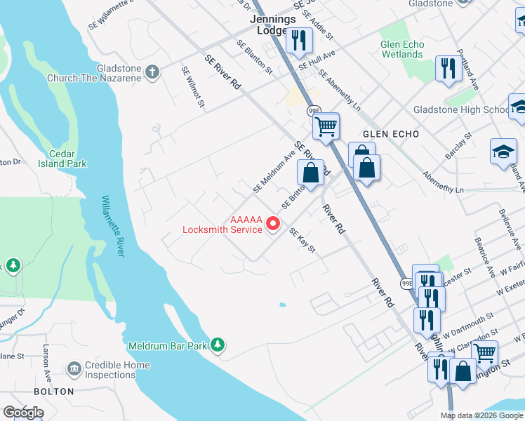 map of restaurants, bars, coffee shops, grocery stores, and more near 19428 Southeast Marcia Court in Milwaukie