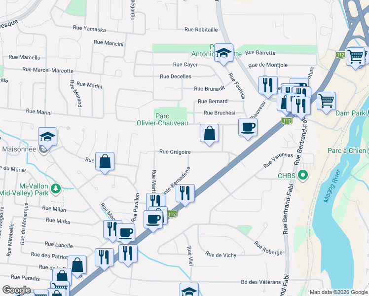 map of restaurants, bars, coffee shops, grocery stores, and more near 1309 Rue Grégoire in Sherbrooke