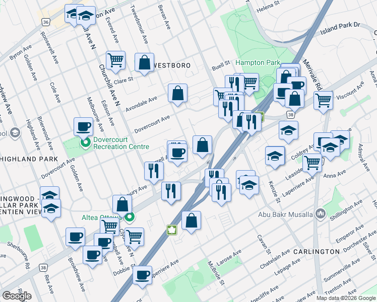 map of restaurants, bars, coffee shops, grocery stores, and more near 700 Tweedsmuir Avenue in Ottawa