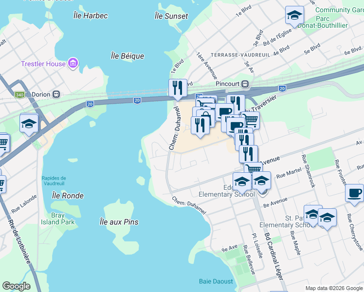 map of restaurants, bars, coffee shops, grocery stores, and more near 30 Avenue Joseph Lafléche in Pincourt