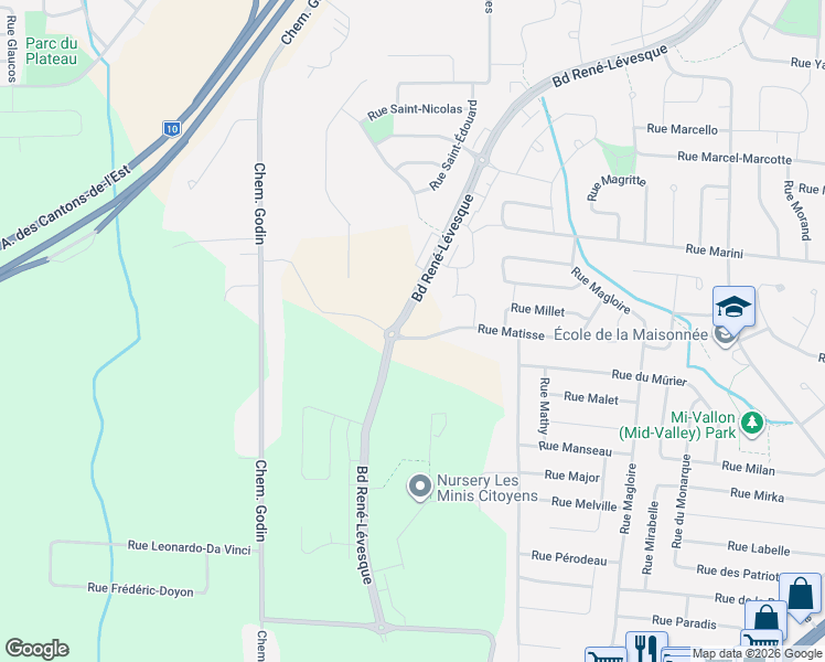 map of restaurants, bars, coffee shops, grocery stores, and more near Boulevard René-Lévesque in Sherbrooke