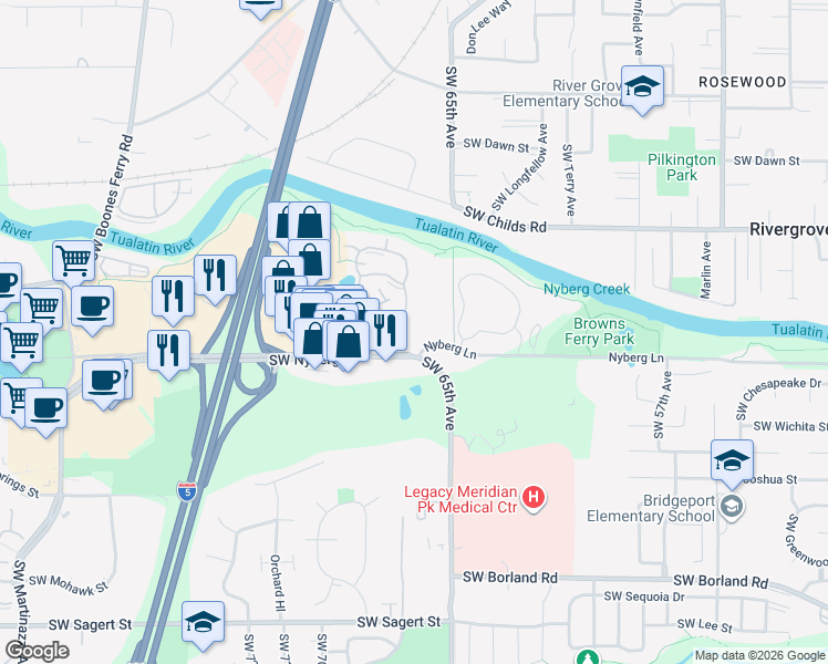 map of restaurants, bars, coffee shops, grocery stores, and more near 6455 Southwest Nyberg Lane in Tualatin