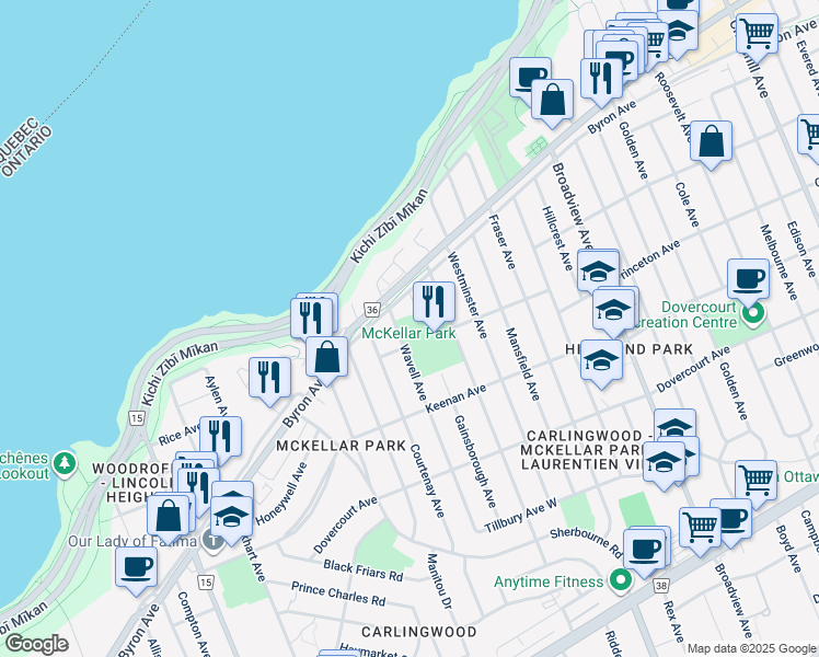 map of restaurants, bars, coffee shops, grocery stores, and more near 539 Wavell Avenue in Ottawa