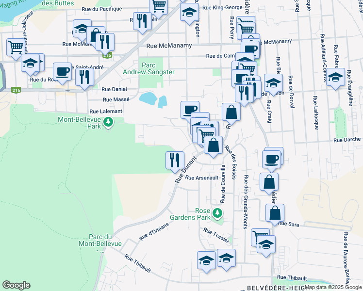 map of restaurants, bars, coffee shops, grocery stores, and more near 1015 Rue de la Montagne in Sherbrooke