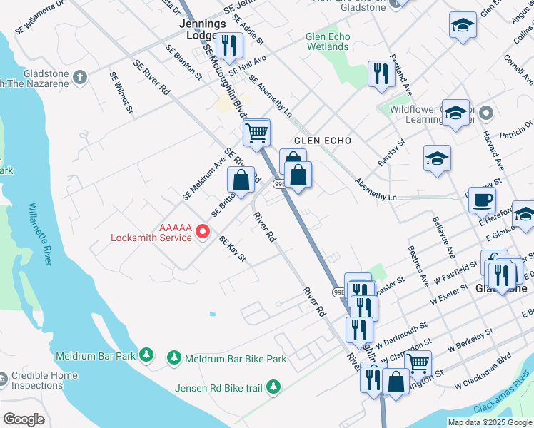 map of restaurants, bars, coffee shops, grocery stores, and more near in Jennings Lodge