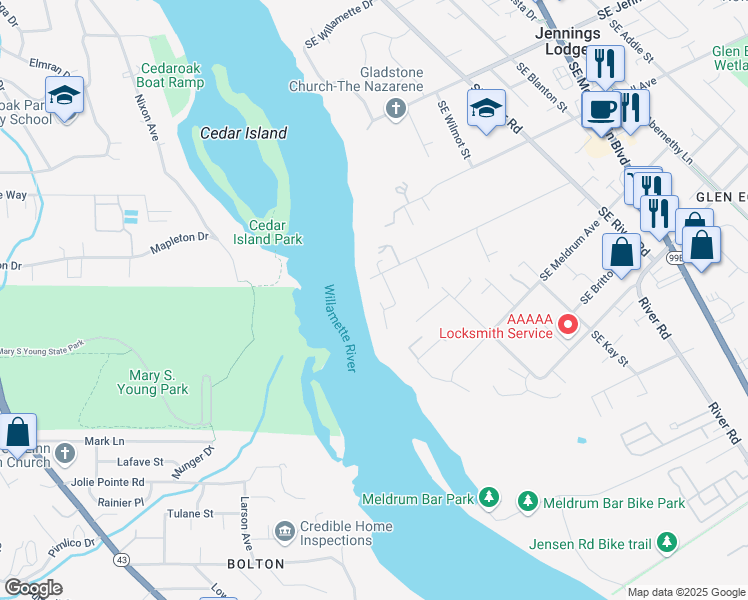 map of restaurants, bars, coffee shops, grocery stores, and more near 19245 Southeast River Drive Court in Milwaukie