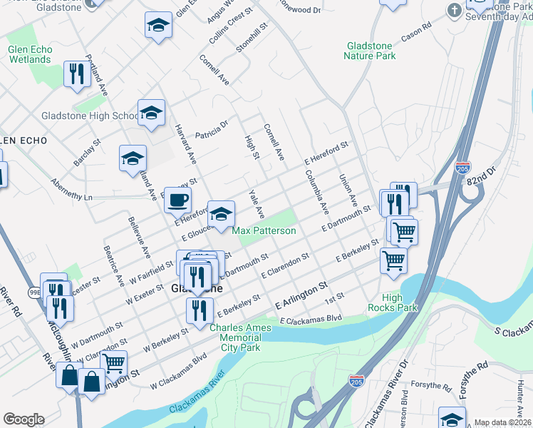 map of restaurants, bars, coffee shops, grocery stores, and more near 410 East Fairfield Street in Gladstone