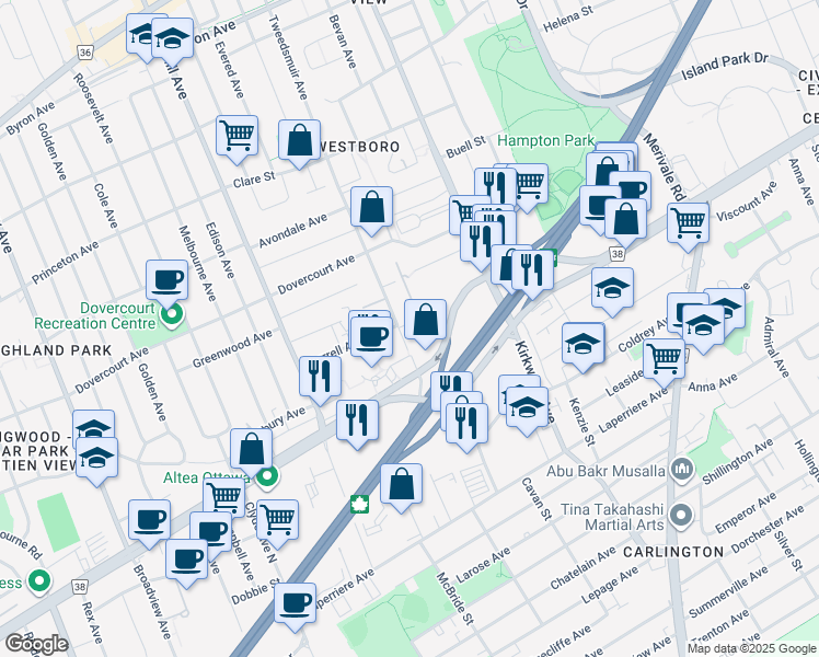 map of restaurants, bars, coffee shops, grocery stores, and more near 244 Currell Avenue in Ottawa