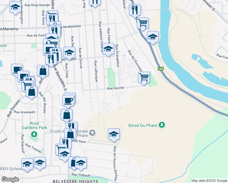 map of restaurants, bars, coffee shops, grocery stores, and more near 250 Rue Darche in Sherbrooke