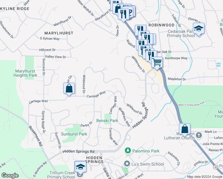 map of restaurants, bars, coffee shops, grocery stores, and more near 2860 Carriage Way in West Linn