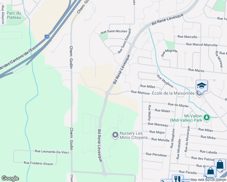 map of restaurants, bars, coffee shops, grocery stores, and more near Boulevard René-Lévesque in Sherbrooke
