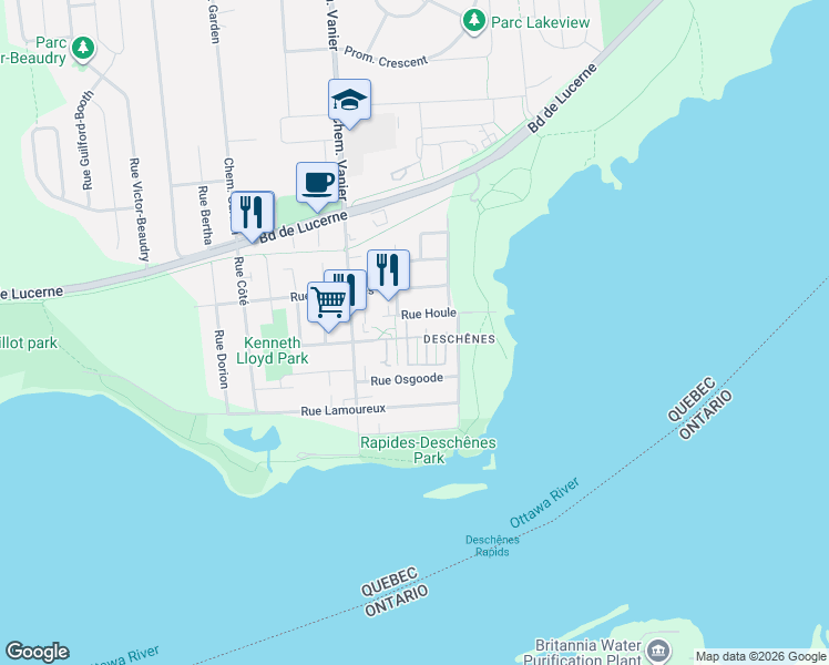 map of restaurants, bars, coffee shops, grocery stores, and more near 204 Rue Madaire in Gatineau