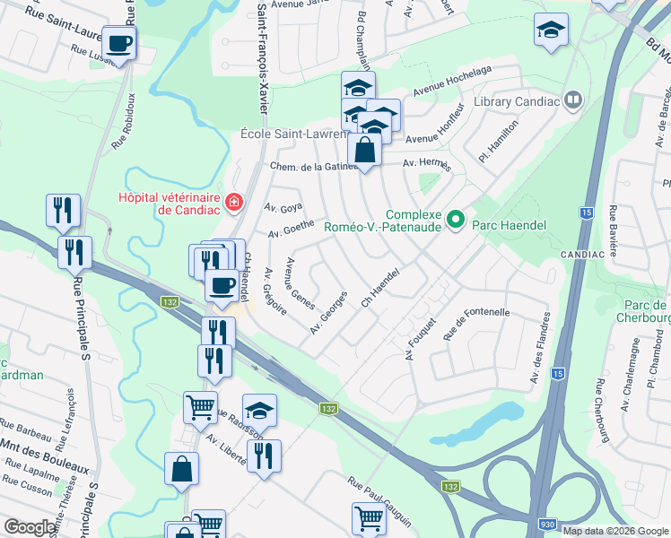 map of restaurants, bars, coffee shops, grocery stores, and more near 43 Avenue Georges in Candiac