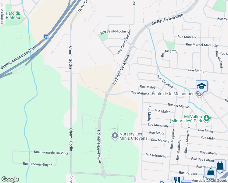 map of restaurants, bars, coffee shops, grocery stores, and more near Boulevard René-Lévesque in Sherbrooke