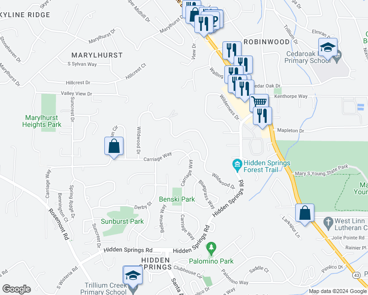 map of restaurants, bars, coffee shops, grocery stores, and more near 2860 Carriage Way in West Linn