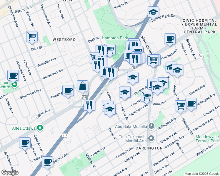 map of restaurants, bars, coffee shops, grocery stores, and more near 305 Kirkwood Avenue in Ottawa