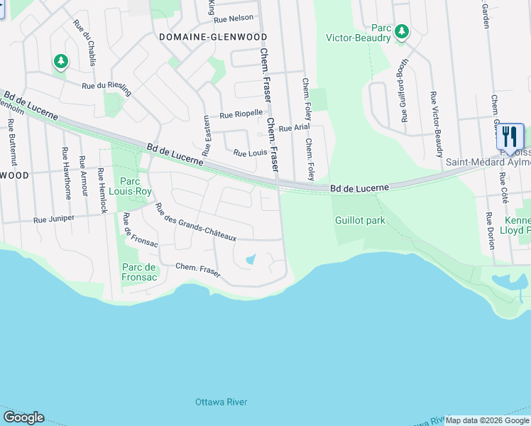 map of restaurants, bars, coffee shops, grocery stores, and more near 138 Chemin Fraser in Gatineau