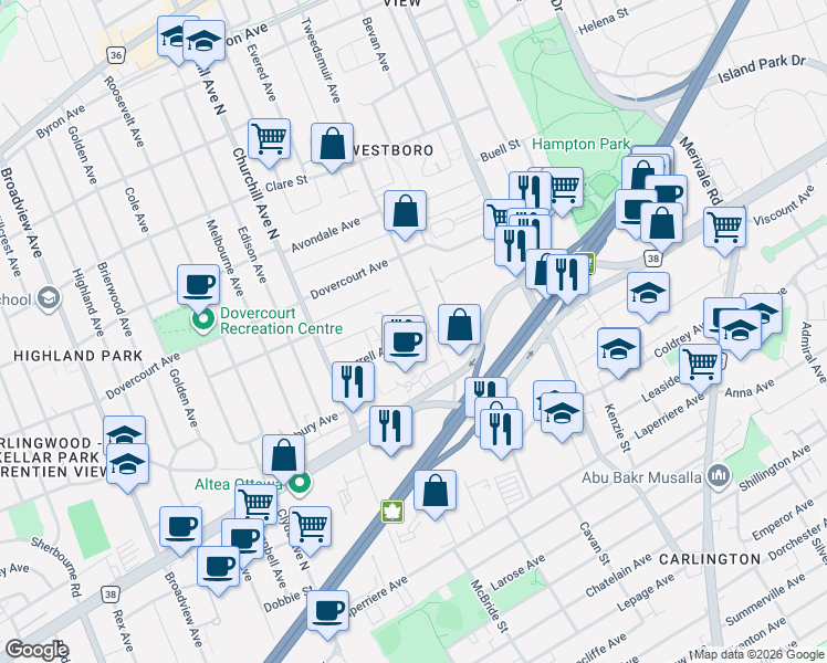 map of restaurants, bars, coffee shops, grocery stores, and more near 263 Currell Avenue in Ottawa