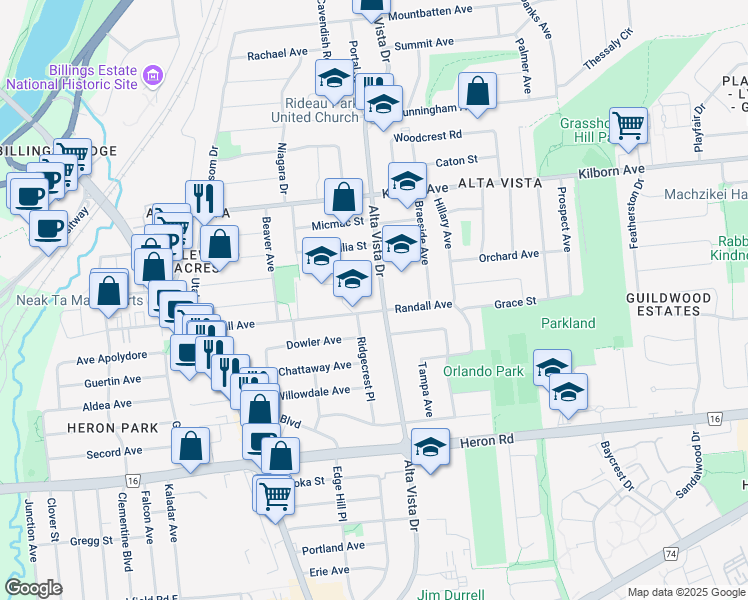 map of restaurants, bars, coffee shops, grocery stores, and more near 2354 Alta Vista Drive in Ottawa