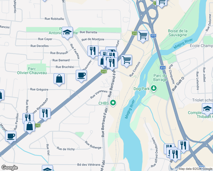 map of restaurants, bars, coffee shops, grocery stores, and more near 4207 Rue Bertrand-Fabi in Sherbrooke