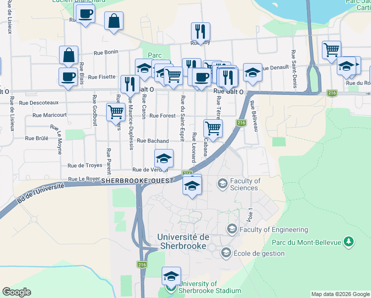map of restaurants, bars, coffee shops, grocery stores, and more near 1516 Rue du Saint-Esprit in Sherbrooke