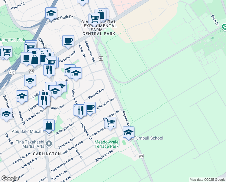 map of restaurants, bars, coffee shops, grocery stores, and more near 968 Fisher Avenue in Ottawa