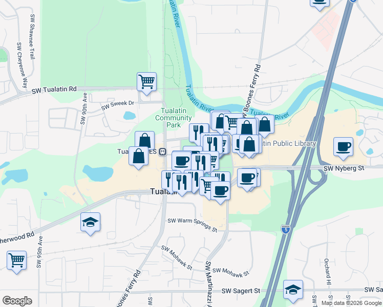 map of restaurants, bars, coffee shops, grocery stores, and more near 18760 Southwest Boones Ferry Road in Tualatin