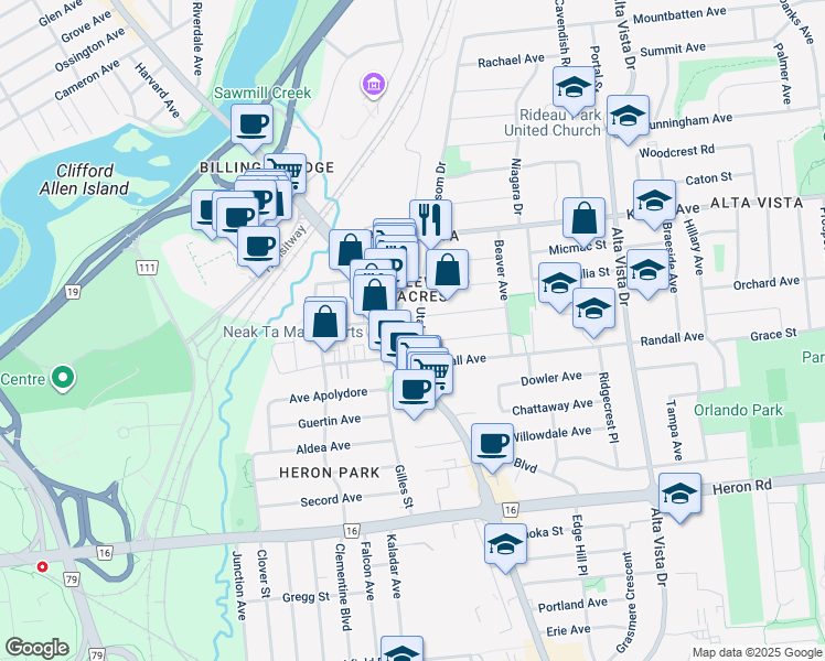 map of restaurants, bars, coffee shops, grocery stores, and more near 2200 Lamira Street in Ottawa