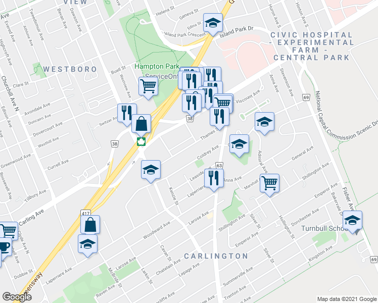 map of restaurants, bars, coffee shops, grocery stores, and more near in Ottawa