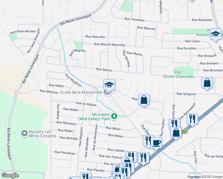 map of restaurants, bars, coffee shops, grocery stores, and more near 1511 Boulevard du Mi-Vallon in Sherbrooke