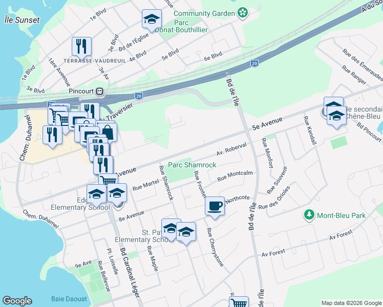 map of restaurants, bars, coffee shops, grocery stores, and more near 164 5e Avenue in Pincourt