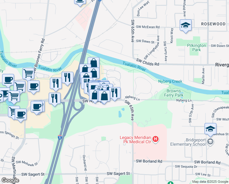 map of restaurants, bars, coffee shops, grocery stores, and more near 6755 Southwest Nyberg Street in Tualatin