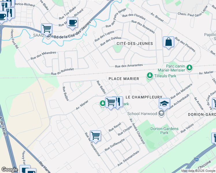 map of restaurants, bars, coffee shops, grocery stores, and more near 496 Avenue André-Chartrand in Vaudreuil-Dorion