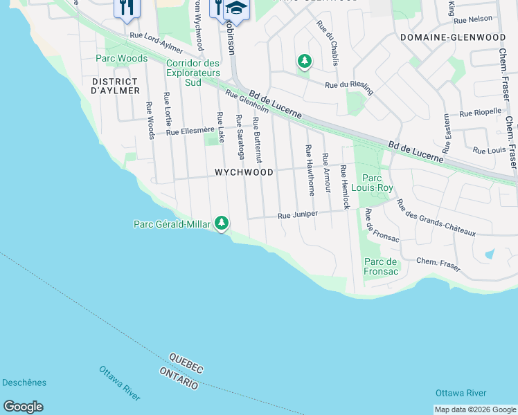 map of restaurants, bars, coffee shops, grocery stores, and more near 21 Rue Butternut in Gatineau