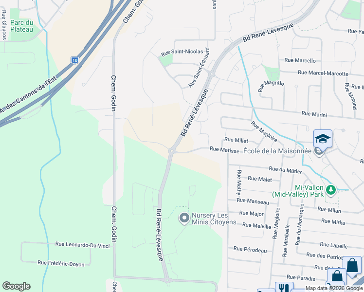 map of restaurants, bars, coffee shops, grocery stores, and more near Boulevard René-Lévesque in Sherbrooke