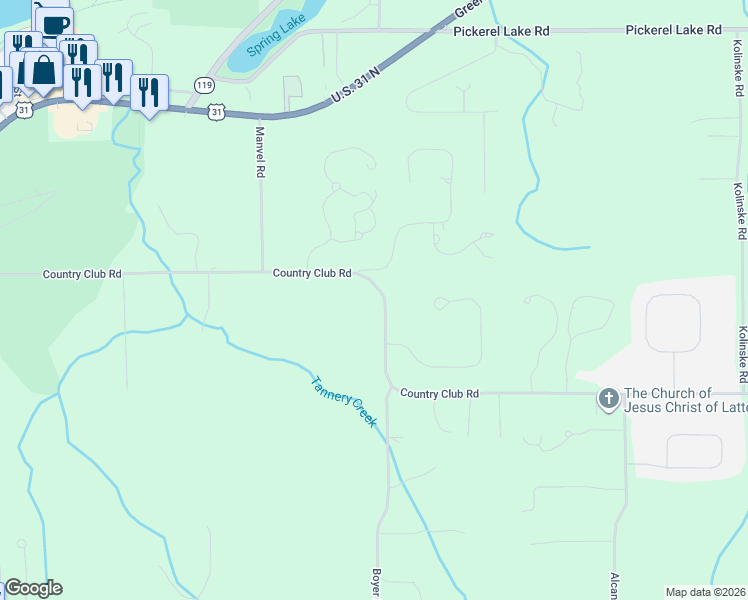 map of restaurants, bars, coffee shops, grocery stores, and more near 3274-3298 Country Club Road in Petoskey