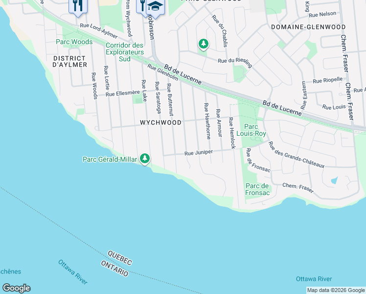 map of restaurants, bars, coffee shops, grocery stores, and more near 23 Rue Oakwood in Gatineau