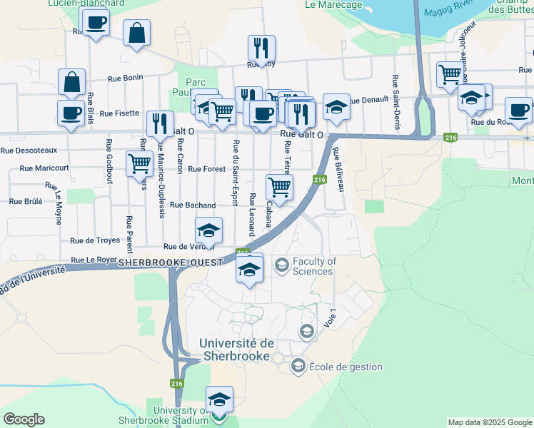 map of restaurants, bars, coffee shops, grocery stores, and more near 1507 Rue Cabana in Sherbrooke
