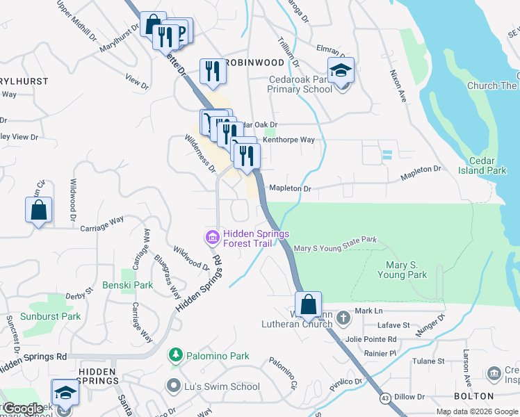 map of restaurants, bars, coffee shops, grocery stores, and more near 19555 Willamette Drive in West Linn