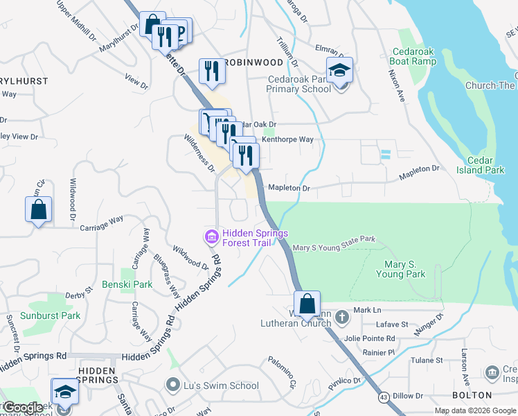 map of restaurants, bars, coffee shops, grocery stores, and more near 19556 Willamette Drive in West Linn