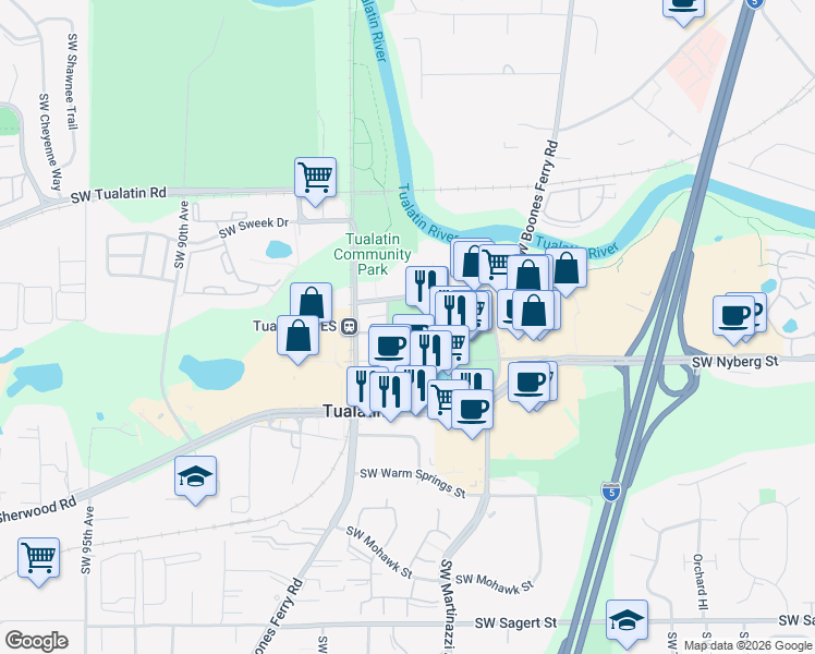 map of restaurants, bars, coffee shops, grocery stores, and more near 18760 Southwest Boones Ferry Road in Tualatin