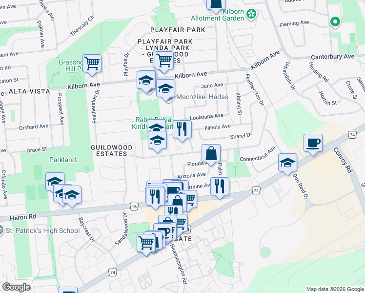 map of restaurants, bars, coffee shops, grocery stores, and more near 2400 Virginia Drive in Ottawa