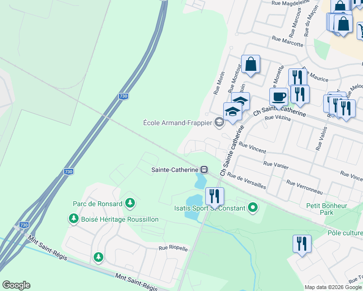 map of restaurants, bars, coffee shops, grocery stores, and more near 325 Ch Sainte catherine in Saint-Constant