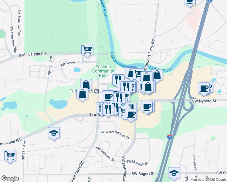 map of restaurants, bars, coffee shops, grocery stores, and more near 18760 Southwest Boones Ferry Road in Tualatin