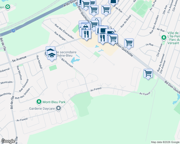 map of restaurants, bars, coffee shops, grocery stores, and more near 407 Rue du Versant in Pincourt